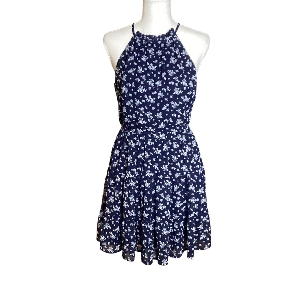 Trixxi Floral Halter Dress Women Size Small Navy Blue Tiered Ruffle Summer Mini